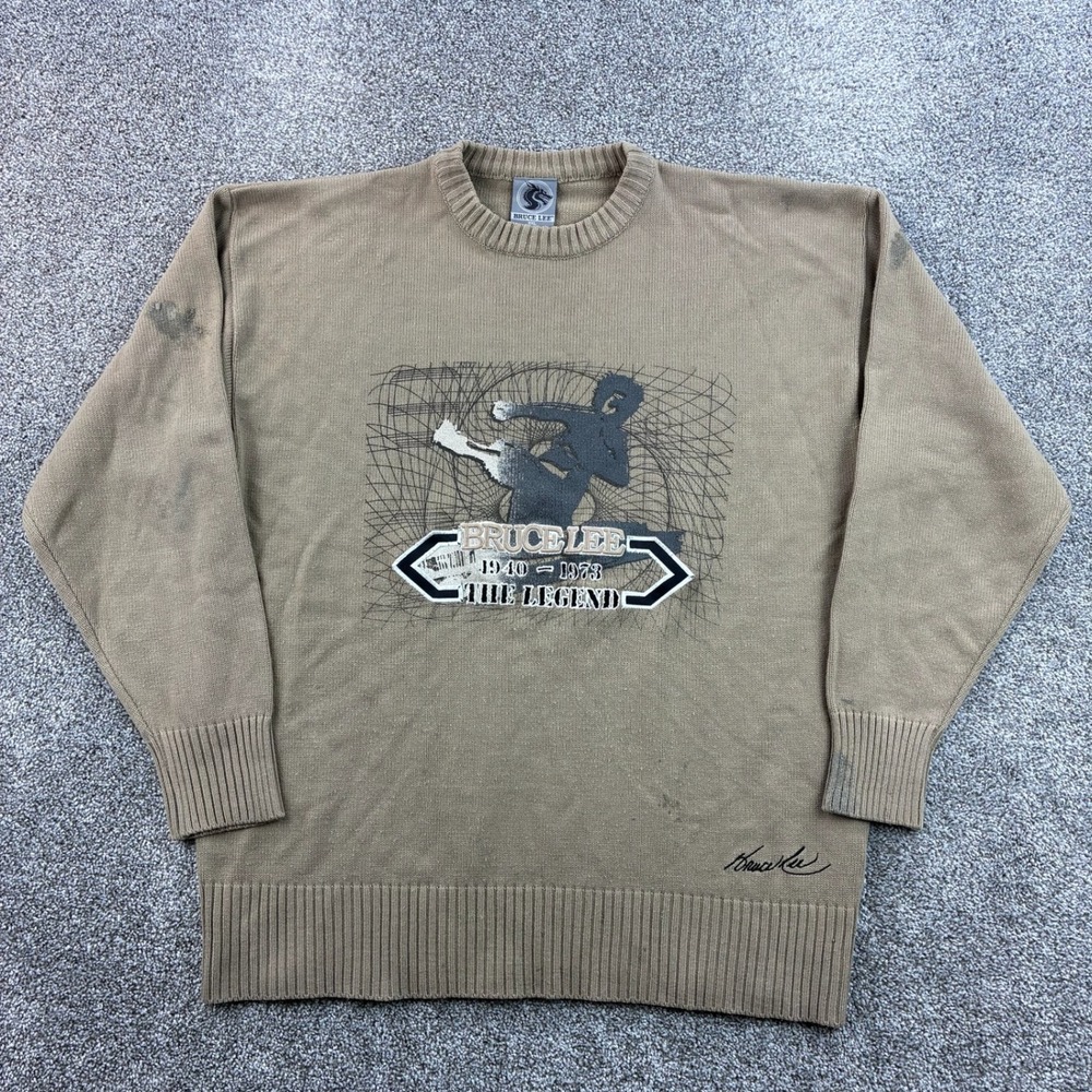 Vintage Bruce Lee Sweater Men's 2XL Beige Knit Embroidered The Legend Kung Fu